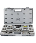 Ultimate 60-Piece Metric Screw Tap And Die Set With Hand Wrench For Precise Metalwork Threading That Lets You DIY Like A Pro Without Sweat Or Stress On Your Gear. Gray case with metric taps and dies arranged for metal threading