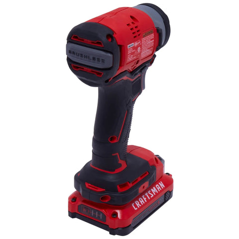 Rear view of V20 Max Impact Driver Cordless Kit With Brushless Motor And Beast Mode Power, variable speed, on 20V battery base.