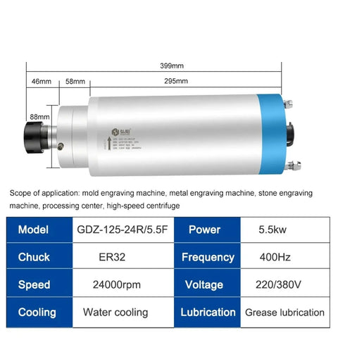 Knockout Performance 5.5kw Water Cooled Spindle Motor Boasting Er32 Socket And Four Rock Solid Bearings Built For Serious Stone Carving And Cnc Router Milling Tasks At 220v, specifications and dimensions displayed.