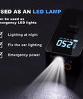 Go-To Portable Jump Starter With Built In Air Compressor And Tire Inflator LED light display at night