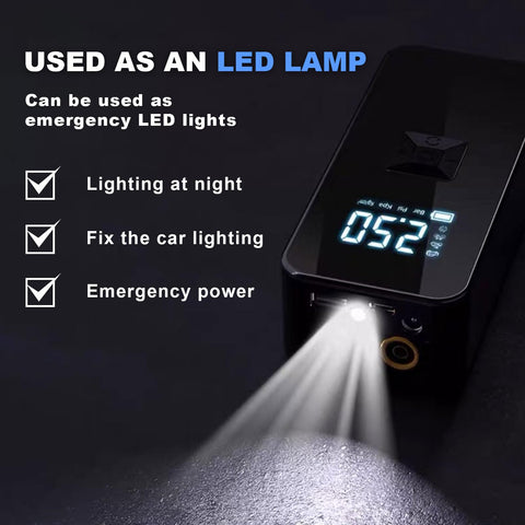 Go-To Portable Jump Starter With Built In Air Compressor And Tire Inflator LED light display at night