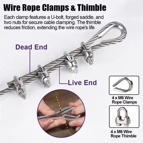 Stainless Steel Cable Kit 1 Quarter Inch 25ft Aircraft Wire Rope With Clamps and Thimble Heavy Duty 6400 Lbs Breaking Strength detail