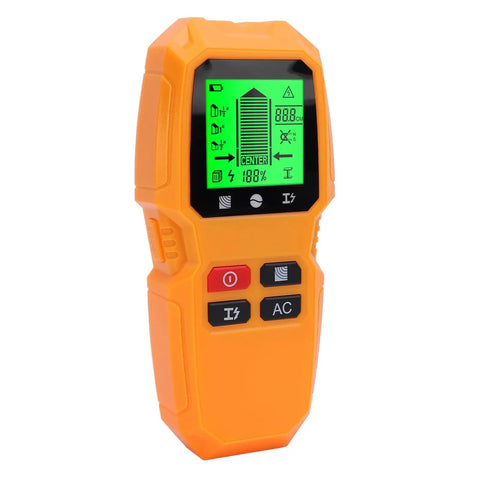 Fafeicy Wall Scanner 5 in 1 Stud Finder with LCD Display and Wire Detection, yellow handheld device showing detection features.