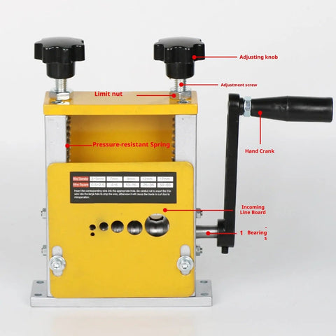 Handy Portable Wire Stripping Tool Crafted From Durable Metal For Reliable Home And Workshop Use, showing manual hand crank and adjustable knobs.