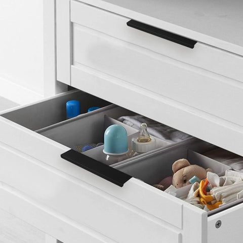 Black Hidden Edge Cabinet Handles 10 Pack for Drawers and Cabinets With Finger Edge Pulls in Space Aluminum installed on white drawer