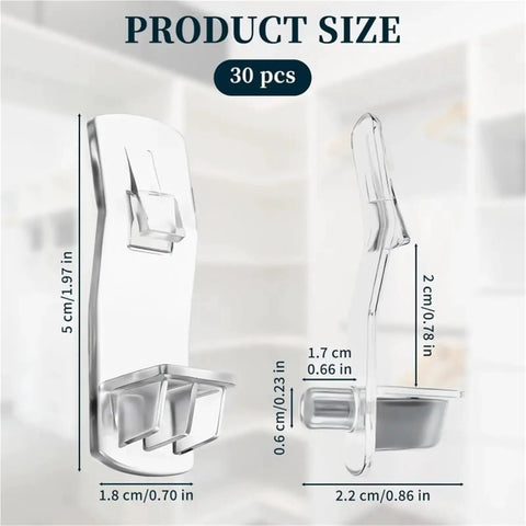 Clear Plastic Shelf Clips 30 pcs with dimensions for 1/4 inch holes, showing side and front view of self-locking cabinet support pegs