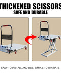 Heavy Duty Electric Scissor Lift Table With Foldable Design 300kg Capacity Hydraulic Lifting Dolly Platform For Warehouse Factory And Storage Easy Maneuvering Four Wheel Cart White showing lift mechanism in two positions.