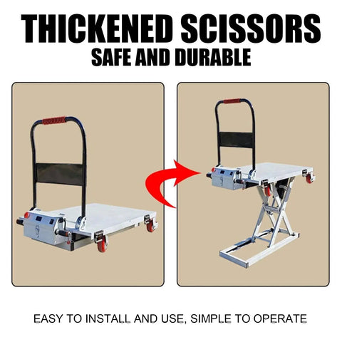 Heavy Duty Electric Scissor Lift Table With Foldable Design 300kg Capacity Hydraulic Lifting Dolly Platform For Warehouse Factory And Storage Easy Maneuvering Four Wheel Cart White showing lift mechanism in two positions.