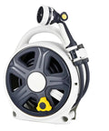 Workhorse Retractable Garden Hose Reel With 60 Ft 1/2 Inch Hose And 10 Pattern Sprayer, shown in compact, portable design.