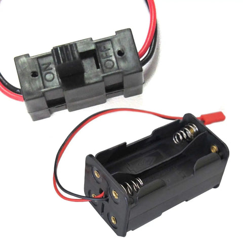 On Off Power Switch And 4 Cell AA Battery Holder Pack with JST Plug for RC Cars and Trucks, showing switch and holder details