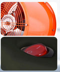 Close-up of No Frills Heavy Duty Industrial Drum Fan 14 Inch Orange with oscillating head and tilt control switch.