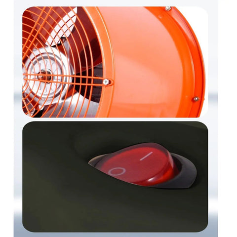 Close-up of No Frills Heavy Duty Industrial Drum Fan 14 Inch Orange with oscillating head and tilt control switch.