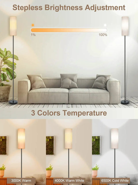 Living room setting with Dimmable Floor Lamp With Remote Control 10W Color Changing LED Bulb Included Tall Modern Standing Floor Lamp.