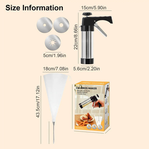 Stainless Steel Churro Press And Maker For Easy Spanish Treats Home Kitchen Dessert Tool DIY Churros Device showing size and packaging