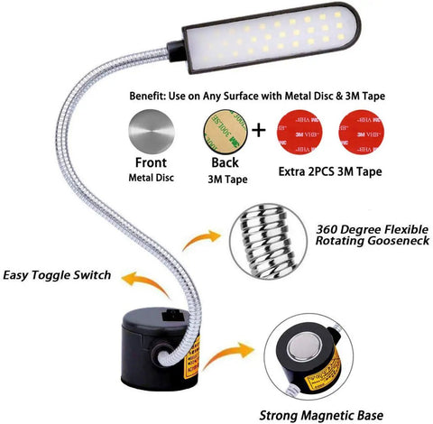Two Pack Magnetic LED Work Light With Flexible Gooseneck 6W 30 LEDs Versatile Bench Lamp for Sewing Machine, shown with magnetic base and mounting discs.