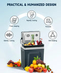 Portable 27 Quart Electric Cooler And Warmer For Car Or Home With Handle 12V/24V DC And 100-240V AC filled with fruits and drinks, showcasing design features.