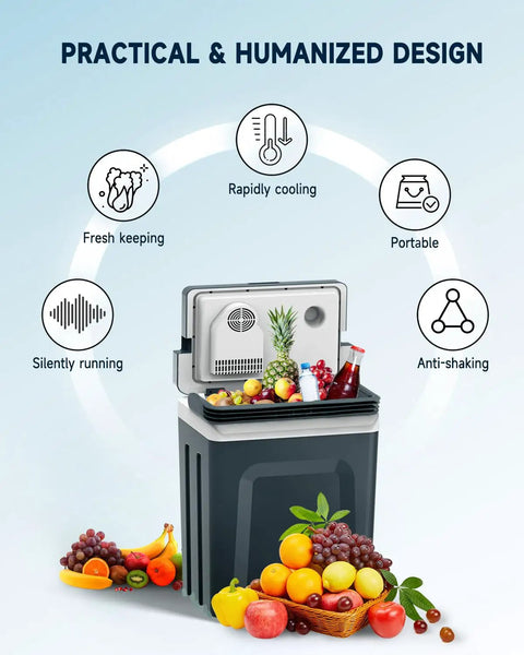 Portable 27 Quart Electric Cooler And Warmer For Car Or Home With Handle 12V/24V DC And 100-240V AC filled with fruits and drinks, showcasing design features.