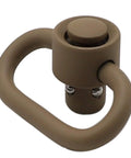Badass Two Pack Heavy Duty Push Button QD Sling Swivels In Tan Built From Military Grade Steel With A One Point Two Five Inch Loop For Rock Solid Quick Release Gun Gear - close-up of tan steel swivel.