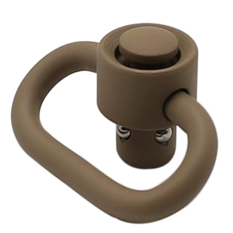 Badass Two Pack Heavy Duty Push Button QD Sling Swivels In Tan Built From Military Grade Steel With A One Point Two Five Inch Loop For Rock Solid Quick Release Gun Gear - close-up of tan steel swivel.