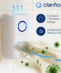 Compact Clarifion air purifier plugged into wall for reducing odors in home spaces