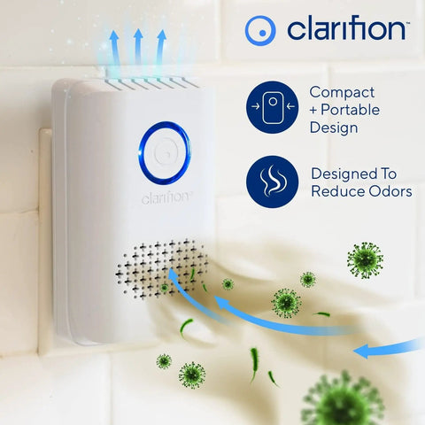 Compact Clarifion air purifier plugged into wall for reducing odors in home spaces