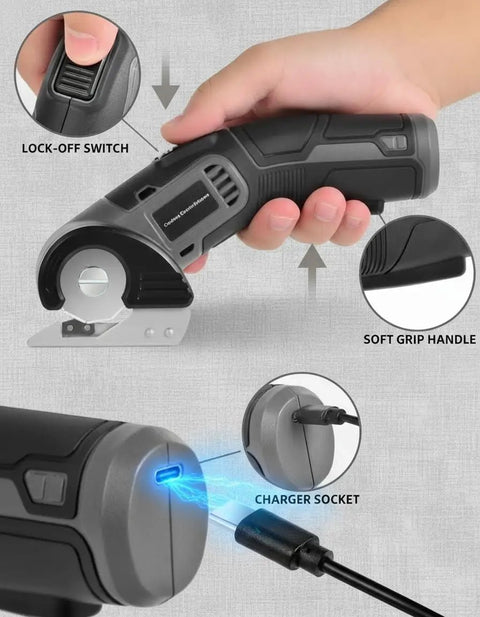 Lightweight Cordless Electric Scissors With Safety Lock For Easy Cutting Cardboard Fabric Leather Rope Plastic Carpet Perfect For Home DIY Craft Projects And General Household Tasks With Fast Usb Charging And Dual Blades Included For Efficient Workflow showing the lock-off switch and charger socket.