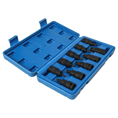 Rock Solid 10PC Socket Adapter Set With 1/2 Inch Drive Bit Holder Featuring T20 To T70 Star Head Screwdriver Bits Made From Heavy Duty Chrome Vanadium Steel For All Your Tough Jobs And Serious DIY Repairs This Kit Is A Total Game Changer For Any Garage., blue case with 10 black chrome vanadium socket adapters