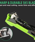 Close-up of Lightweight Plant Tying Machine for Vines With 45mm Opening, featuring sharp SK5 blade and green handle.
