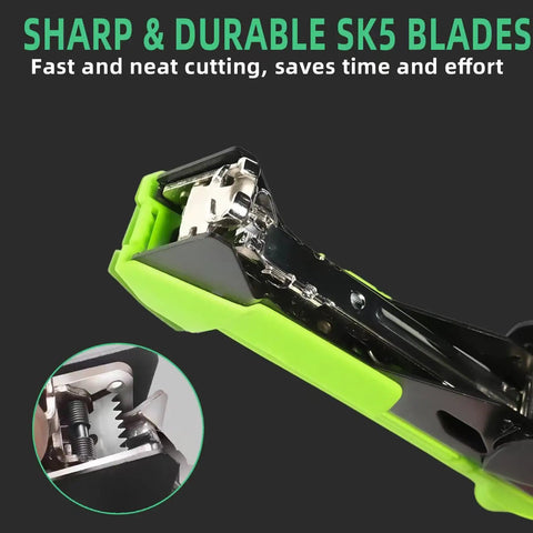 Close-up of Lightweight Plant Tying Machine for Vines With 45mm Opening, featuring sharp SK5 blade and green handle.