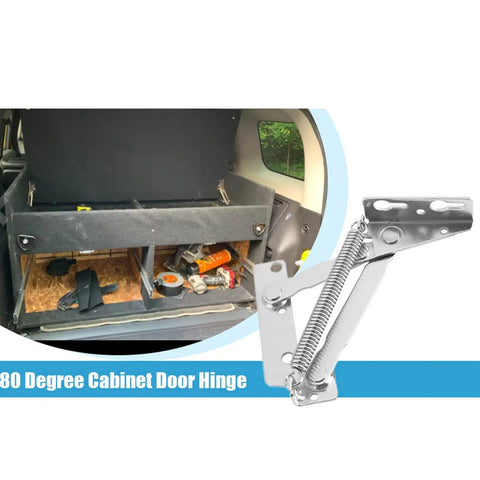 Beefy 80 Degree Scissor Hinges Pair For Cabinet And Closet Lift Up Doors, shown supporting a car trunk storage compartment