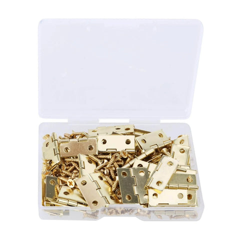Gold Small Hinges Set With Screws For Crafting And Decorative Boxes Metal Hinges 50 Pieces Plus 200 Screws in plastic case