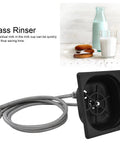 Heavy-Hitter Square Glass Rinser And Sink Sprayer, Solid Stainless Steel Auto Cup Washer With Multi-Angle Quick Cleaning Rig For Bars Restaurants And Coffee Shops, Sleek Matte Black Flex with hose and basin view.