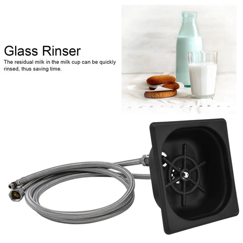 Heavy-Hitter Square Glass Rinser And Sink Sprayer, Solid Stainless Steel Auto Cup Washer With Multi-Angle Quick Cleaning Rig For Bars Restaurants And Coffee Shops, Sleek Matte Black Flex with hose and basin view.