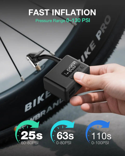 Pocket Size Electric Bike Pump With Auto Stop 130 Psi Portable Mini Tire Inflator Gauge For Presta And Schrader Valves Great For Road Mountain And E Bikes Fast Inflation On The Go
