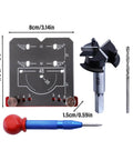 Cabinet Door Mounting Jig With Precision Hinge Locator 8x8.5x1.5cm, drill bits, and positioning tool for door hardware installation.