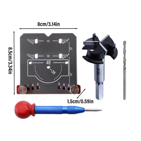 Cabinet Door Mounting Jig With Precision Hinge Locator 8x8.5x1.5cm, drill bits, and positioning tool for door hardware installation.