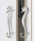 Seahorse Shaped Drawer Pulls Ocean Theme Marine Style Cabinet Hardware Zinc Alloy Coastal Metal Decorative Pulls for Dresser Chest Cabinet Cupboard and Closet in Durable Silver Finish installed on cabinet doors