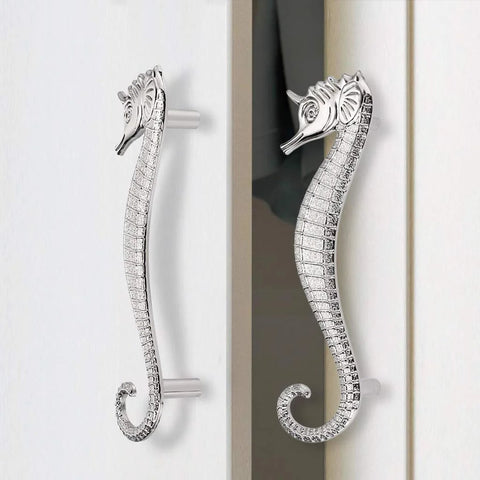 Seahorse Shaped Drawer Pulls Ocean Theme Marine Style Cabinet Hardware Zinc Alloy Coastal Metal Decorative Pulls for Dresser Chest Cabinet Cupboard and Closet in Durable Silver Finish installed on cabinet doors