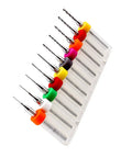 Micro Mini Drill Bits Set 10Pcs For PCB Circuit Board Tungsten Carbide Engraving Tools 0.3mm To 1.2mm in a plastic holder.