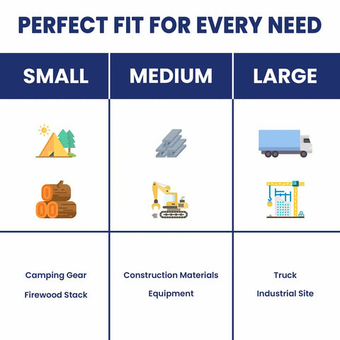 Image showing size options: small for camping gear, medium for construction materials, large for industrial site truck.