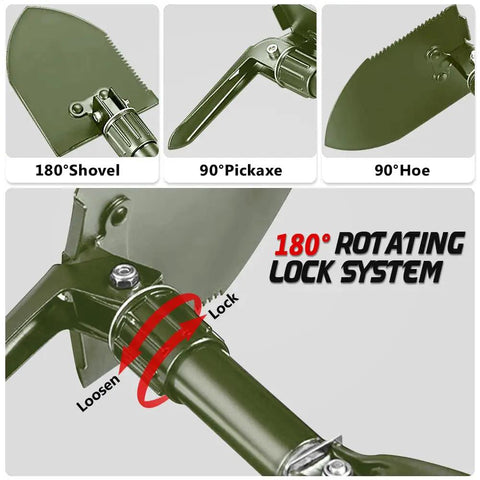 Foldable Camping Shovel 18.5 Inch Portable Ergonomic High Carbon Steel Digging Shovel with 180-degree rotating lock system
