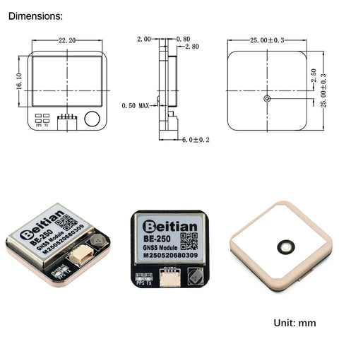 Beitian GPS GNSS Positioning Module Plug And Play With M10050 Chip For Fixed Wing FPV Racing Drones, dimensions and design