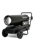 Portable High Output 37KW Industrial Diesel Air Fan Heater With Smart Remote Control, heavy-duty black heater on wheels.