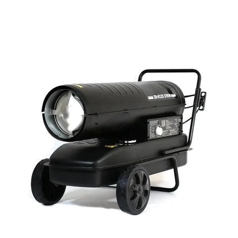 Portable High Output 37KW Industrial Diesel Air Fan Heater With Smart Remote Control, heavy-duty black heater on wheels.