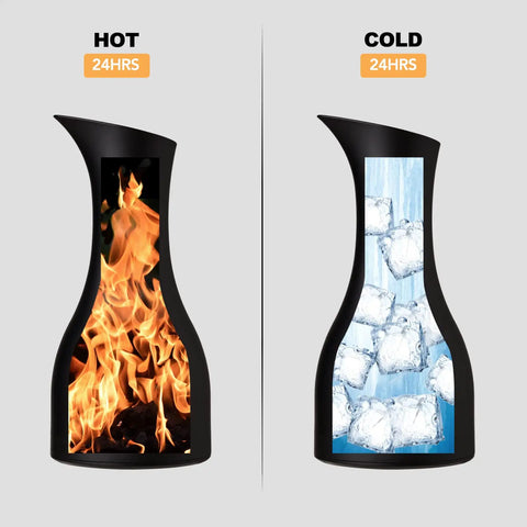 Double Walled Vacuum Glass Carafe Keeps Tea, Coffee, And Water Hot Or Cold For 24 Hours showing fire and ice design on carafes