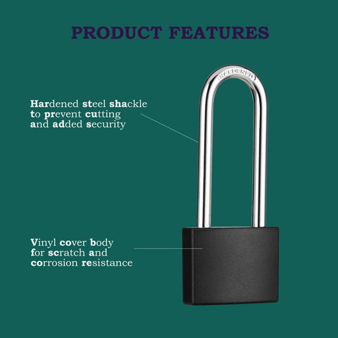 Two Pack Covered Aluminum Padlocks with Keys Long Shackle Black Locker Locks, featuring vinyl cover and hardened steel shackle.