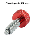 Close-up of Two Pack Hand Retractable Spring Plungers M6 Type Quick Release Pin with Knurled Stainless Steel Red Handle, thread size 1/4 inch.