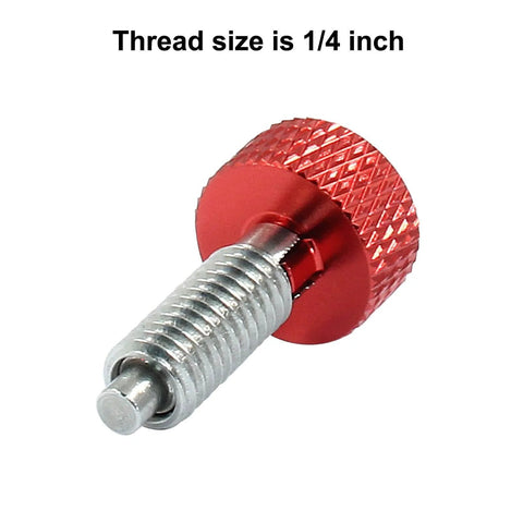 Close-up of Two Pack Hand Retractable Spring Plungers M6 Type Quick Release Pin with Knurled Stainless Steel Red Handle, thread size 1/4 inch.