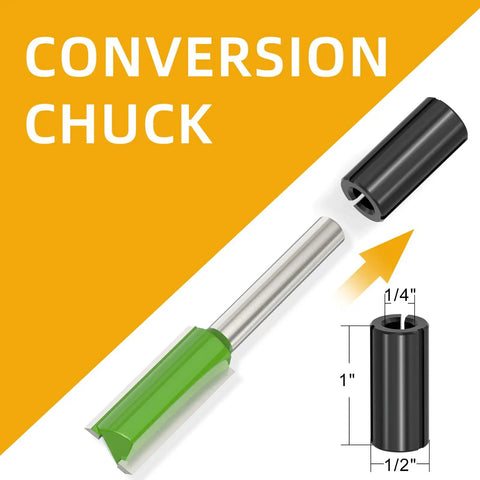 Industrial Grade Micro Grain Carbide Router Bits Set With Quarter Inch Shank shows a conversion chuck with green and black components.