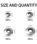 Rrina 200pc stainless steel sealing washer set with neoprene/EPDM bonded gaskets for 8–14 screws; four sizes (50pcs each)